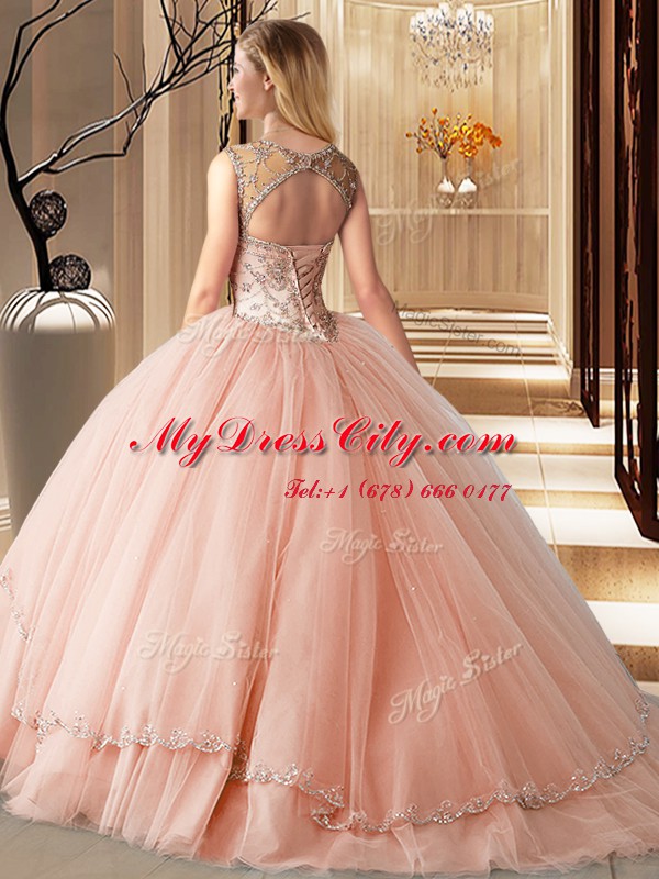 Captivating Peach Quince Ball Gowns Scoop Sleeveless Brush Train Lace Up