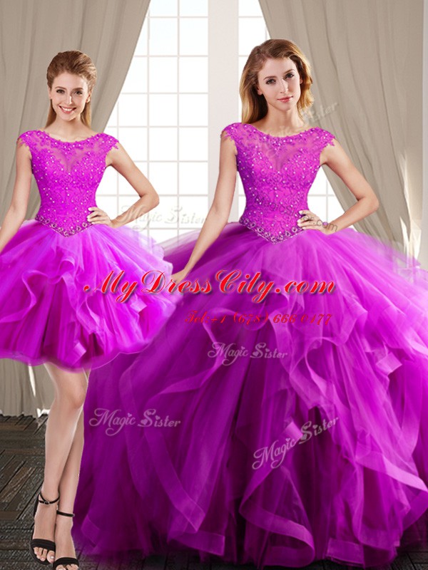 Fantastic Three Piece Fuchsia Lace Up Scoop Beading and Appliques and Ruffles Quinceanera Dresses Tulle Cap Sleeves Brush Train