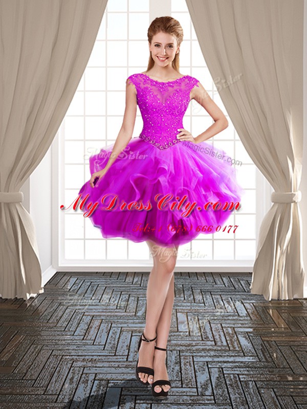 Fantastic Three Piece Fuchsia Lace Up Scoop Beading and Appliques and Ruffles Quinceanera Dresses Tulle Cap Sleeves Brush Train