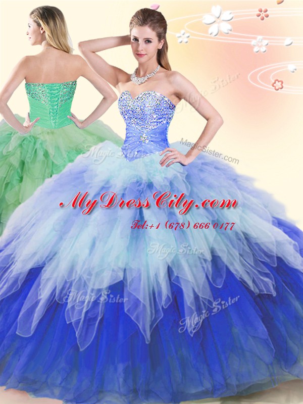 Multi-color Ball Gowns Tulle Sweetheart Sleeveless Beading and Ruffles Floor Length Lace Up Quince Ball Gowns