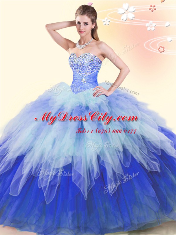 Multi-color Ball Gowns Tulle Sweetheart Sleeveless Beading and Ruffles Floor Length Lace Up Quince Ball Gowns