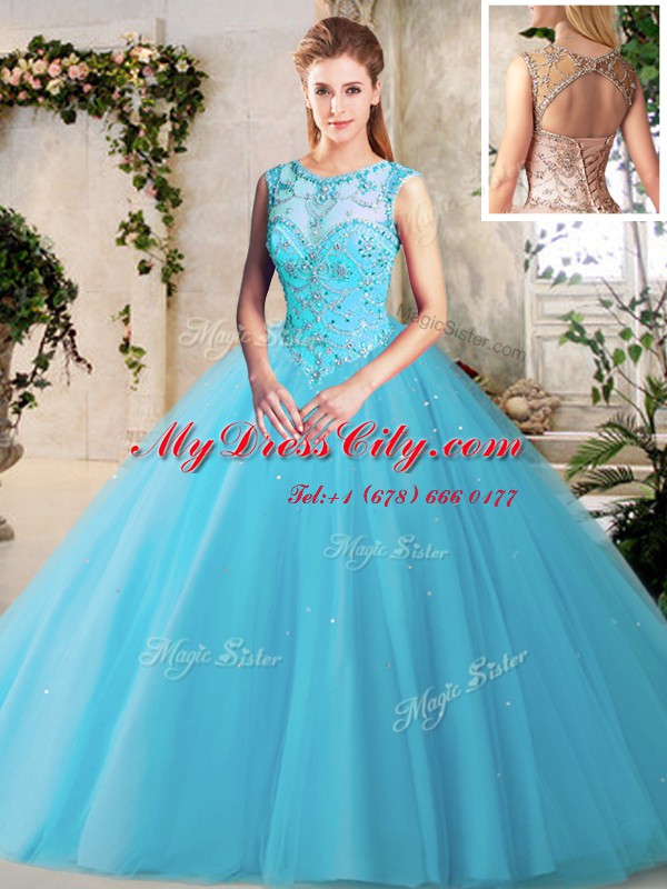 Perfect Scoop Baby Blue Lace Up Quinceanera Gowns Beading Sleeveless Floor Length