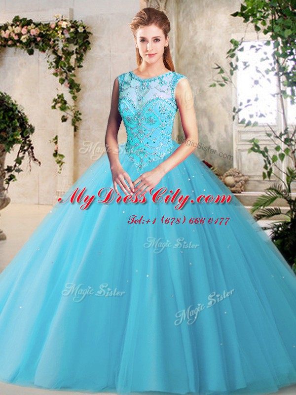 Perfect Scoop Baby Blue Lace Up Quinceanera Gowns Beading Sleeveless Floor Length