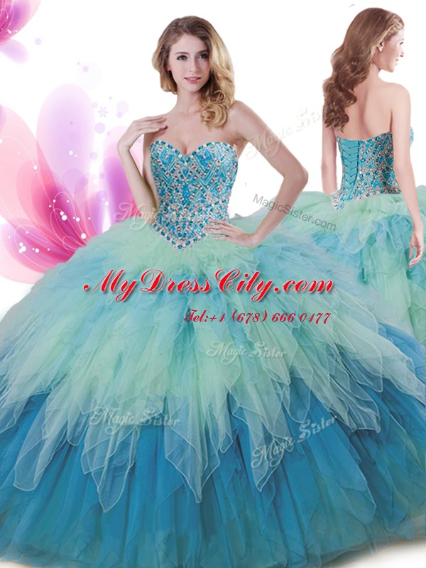 Sweetheart Sleeveless Lace Up Quince Ball Gowns Multi-color Tulle