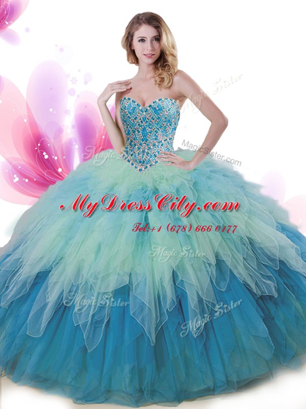 Sweetheart Sleeveless Lace Up Quince Ball Gowns Multi-color Tulle