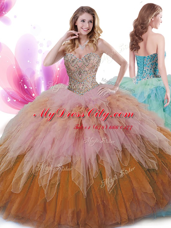 Sweetheart Sleeveless Lace Up Quince Ball Gowns Multi-color Tulle