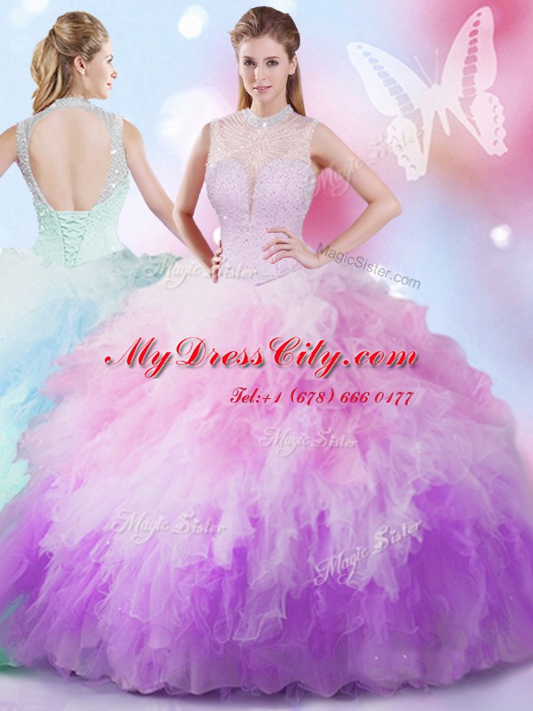 Eye-catching High-neck Sleeveless Quinceanera Gown Floor Length Beading and Ruffles Multi-color Tulle