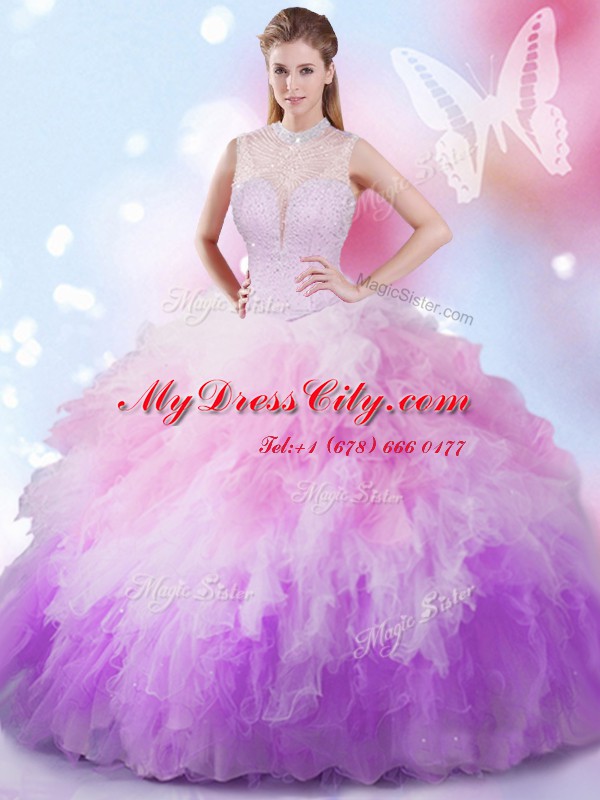 Eye-catching High-neck Sleeveless Quinceanera Gown Floor Length Beading and Ruffles Multi-color Tulle