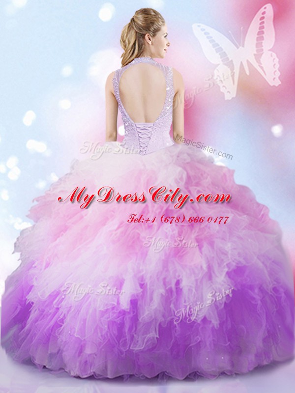 Eye-catching High-neck Sleeveless Quinceanera Gown Floor Length Beading and Ruffles Multi-color Tulle