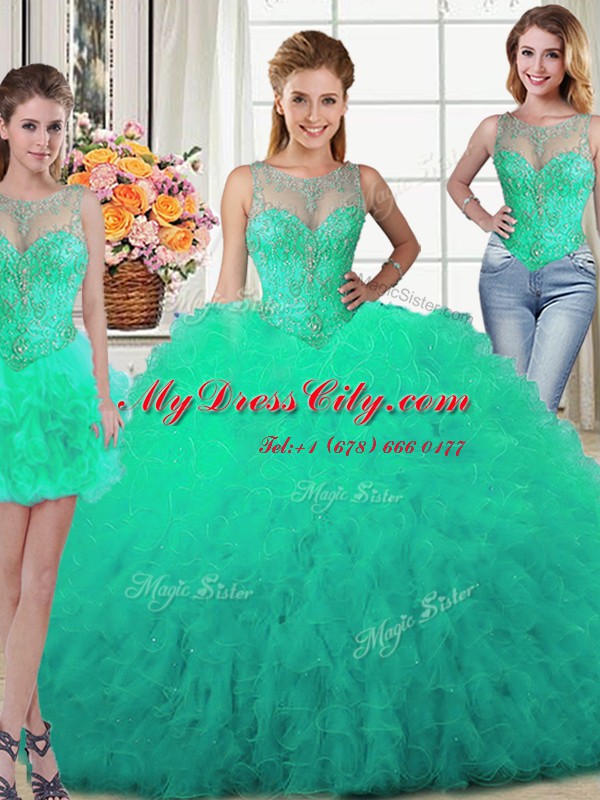 Three Piece Tulle Scoop Sleeveless Lace Up Beading and Ruffles Quinceanera Dress in Turquoise