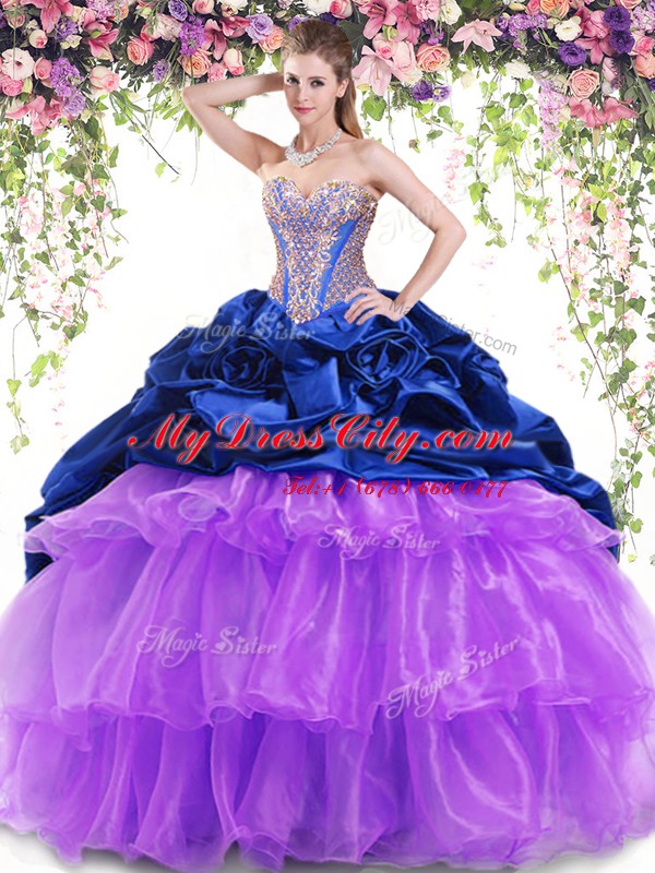 Excellent Multi-color Sweetheart Lace Up Beading and Ruffled Layers and Pick Ups Quince Ball Gowns Brush Train Sleeveless