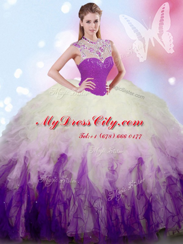 Colorful White And Purple High-neck Zipper Beading and Ruffles Quinceanera Dresses Sleeveless