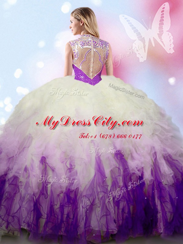 Colorful White And Purple High-neck Zipper Beading and Ruffles Quinceanera Dresses Sleeveless