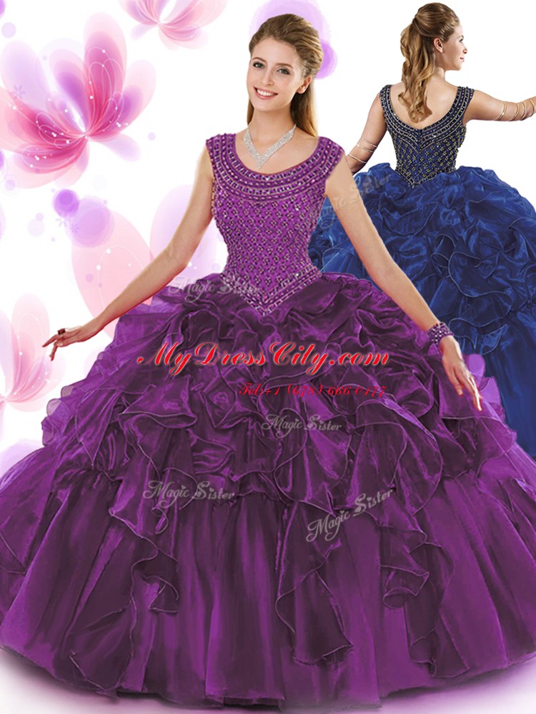 Captivating Dark Purple Zipper Scoop Beading and Ruffles Quinceanera Gowns Organza Sleeveless