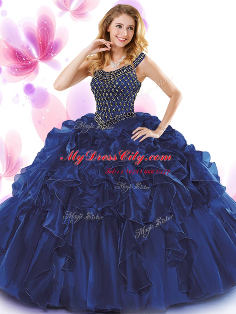 Captivating Dark Purple Zipper Scoop Beading and Ruffles Quinceanera Gowns Organza Sleeveless