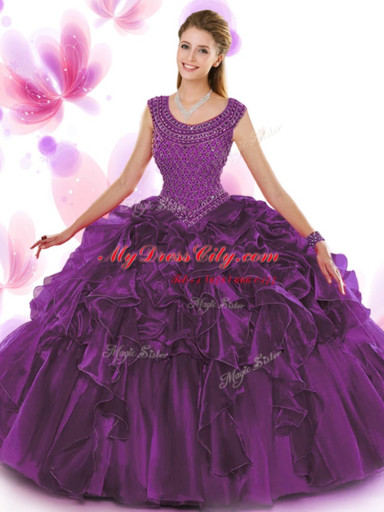 Captivating Dark Purple Zipper Scoop Beading and Ruffles Quinceanera Gowns Organza Sleeveless