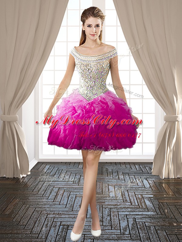 Lovely Off the Shoulder Backless Organza Sleeveless Mini Length Prom Party Dress and Beading and Ruffles