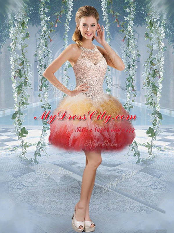 Adorable Ball Gowns Prom Dress Multi-color Halter Top Tulle Sleeveless Mini Length Lace Up