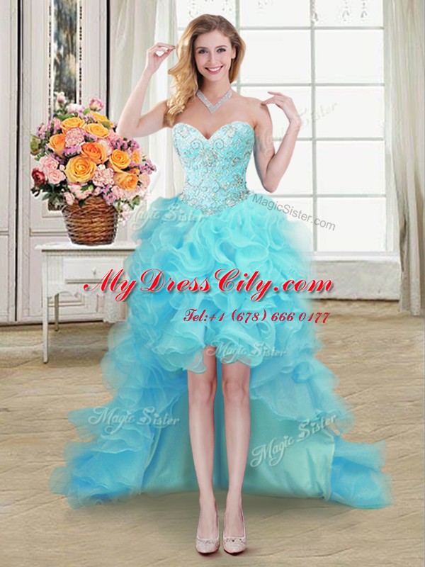 Aqua Blue Organza Lace Up Sweetheart Sleeveless High Low Evening Dress Beading and Ruffles