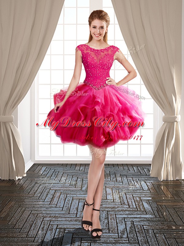 Fabulous Scoop Hot Pink Lace Up Dress for Prom Beading and Ruffles Cap Sleeves Mini Length