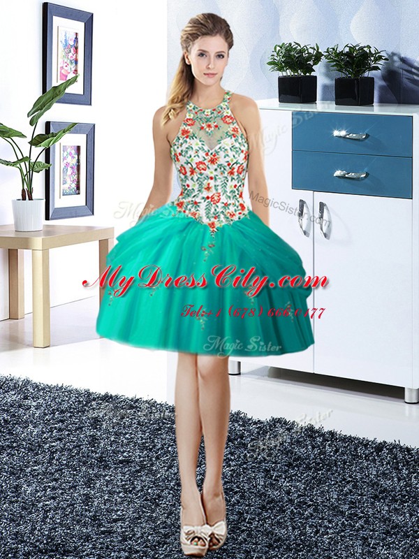 Halter Top Turquoise Sleeveless Mini Length Embroidery and Pick Ups Lace Up Prom Dress