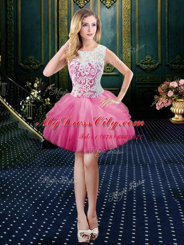 Scoop Hot Pink Tulle Clasp Handle Prom Dress Sleeveless Mini Length Lace