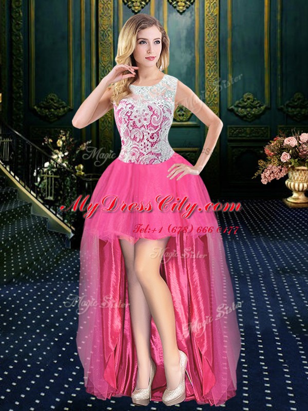 Scoop Sleeveless Prom Homecoming Dress High Low Brush Train Beading Hot Pink Organza