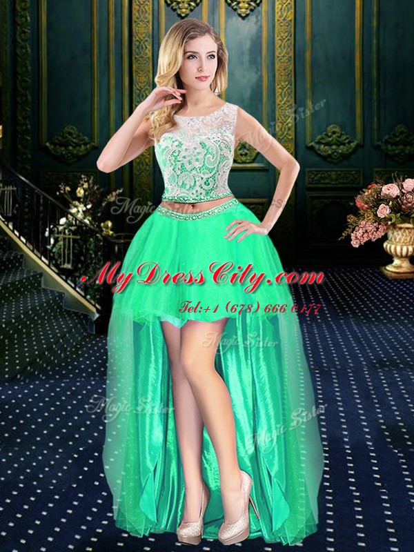 Ideal High Low Turquoise Prom Dress Scoop Sleeveless Clasp Handle