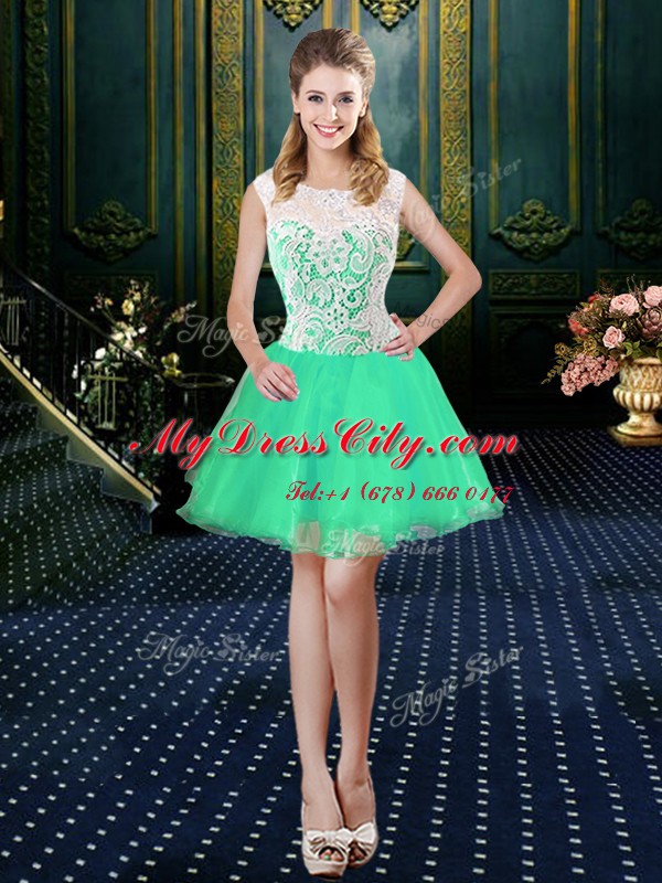 High Quality Scoop Turquoise Zipper Club Wear Lace Sleeveless Mini Length