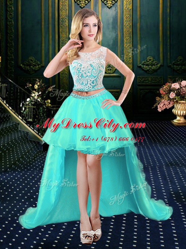 Custom Designed Scoop Clasp Handle Organza Sleeveless High Low Prom Evening Gown and Lace