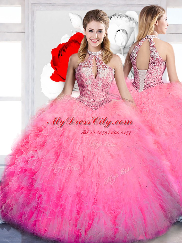 Luxury Ball Gowns 15 Quinceanera Dress Hot Pink Halter Top Tulle Sleeveless Floor Length Lace Up