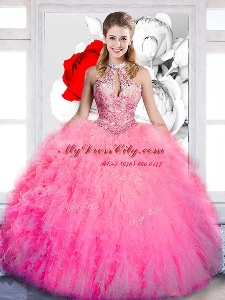 Luxury Ball Gowns 15 Quinceanera Dress Hot Pink Halter Top Tulle Sleeveless Floor Length Lace Up