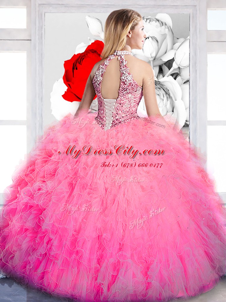 Luxury Ball Gowns 15 Quinceanera Dress Hot Pink Halter Top Tulle Sleeveless Floor Length Lace Up