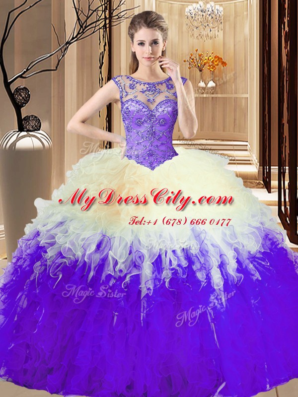 Customized Multi-color High-neck Neckline Beading and Ruffles Quinceanera Gown Sleeveless Backless