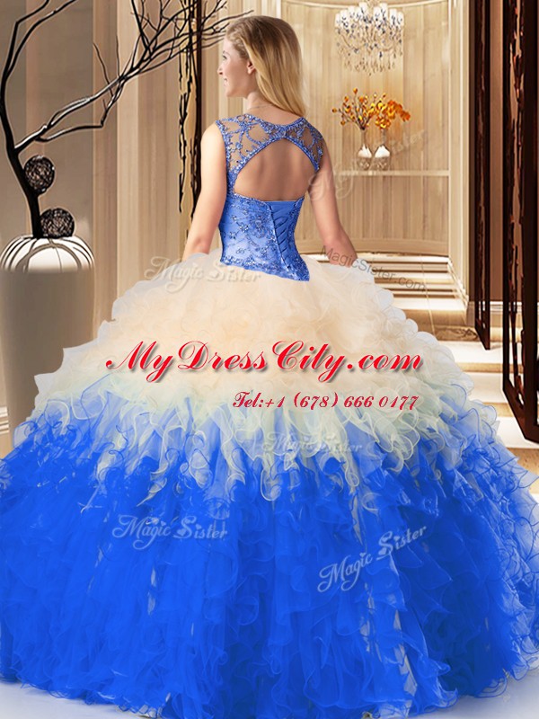 Customized Multi-color High-neck Neckline Beading and Ruffles Quinceanera Gown Sleeveless Backless