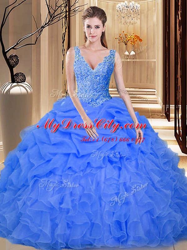 Lace and Appliques and Ruffles and Pick Ups Quinceanera Dresses Blue Backless Sleeveless Floor Length