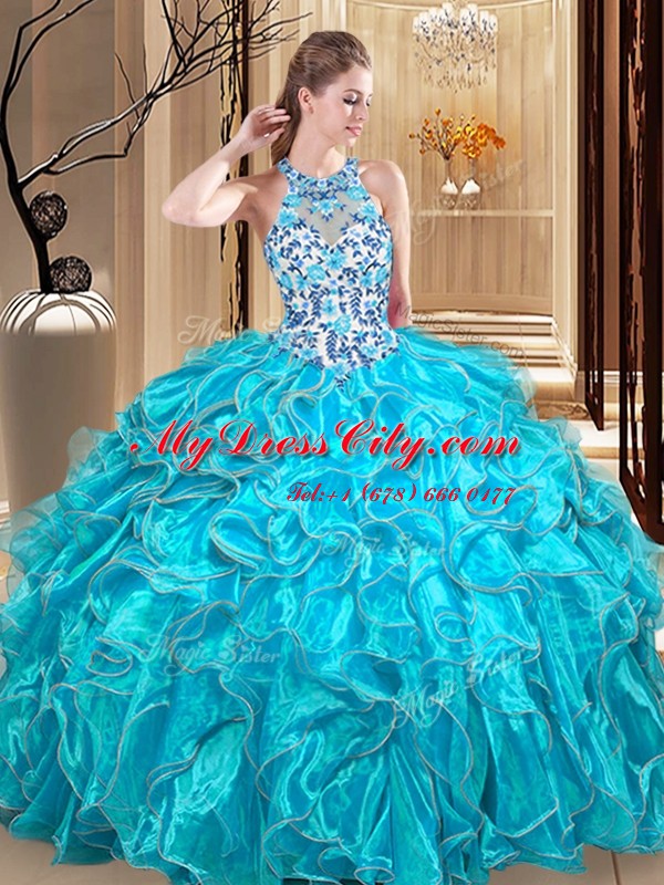 Custom Fit Organza Scoop Sleeveless Backless Embroidery and Ruffles 15 Quinceanera Dress in Teal