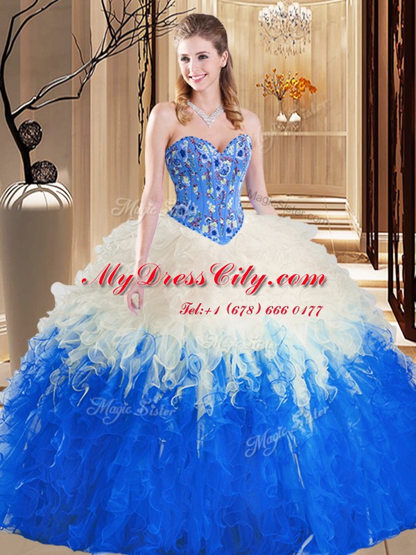 Exquisite Blue And White Sleeveless Floor Length Embroidery and Ruffles Lace Up Quinceanera Dress