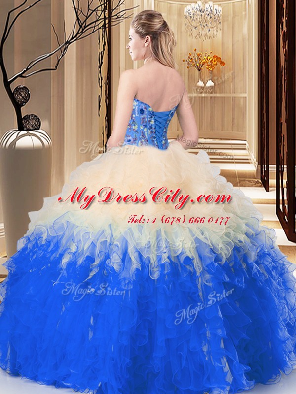 Exquisite Blue And White Sleeveless Floor Length Embroidery and Ruffles Lace Up Quinceanera Dress