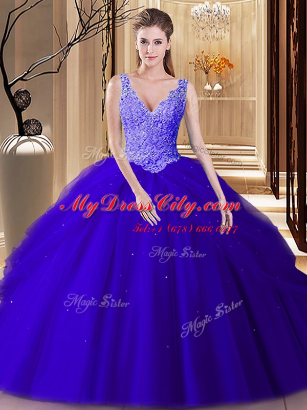 Pick Ups Royal Blue Sleeveless Tulle Backless Ball Gown Prom Dress for Military Ball and Sweet 16 and Quinceanera