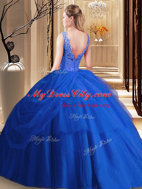 Pick Ups Royal Blue Sleeveless Tulle Backless Ball Gown Prom Dress for Military Ball and Sweet 16 and Quinceanera