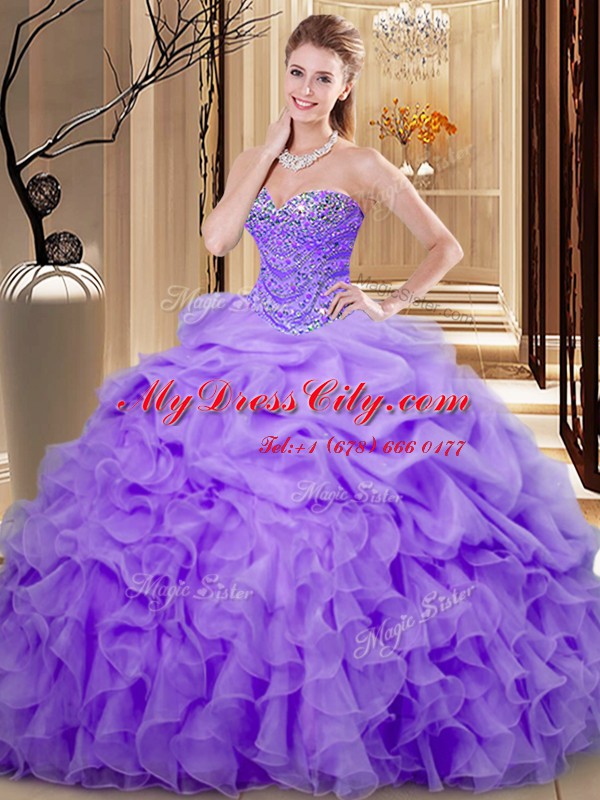 Top Selling Sleeveless Organza Floor Length Lace Up Quinceanera Gown in Lavender with Beading and Ruffles and Pick Ups