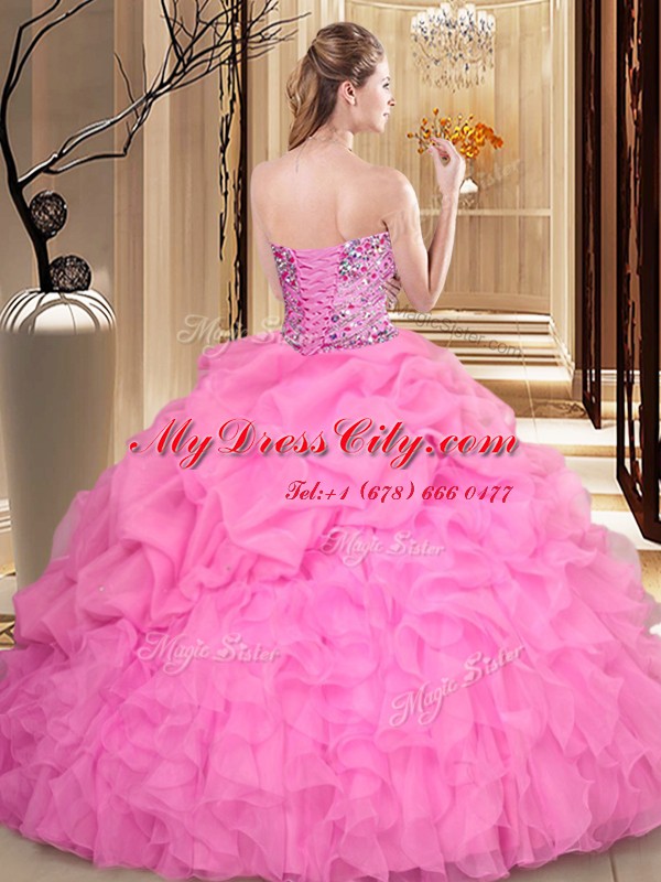 Top Selling Sleeveless Organza Floor Length Lace Up Quinceanera Gown in Lavender with Beading and Ruffles and Pick Ups