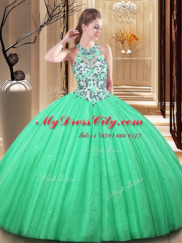 Green Sleeveless Tulle Lace Up Sweet 16 Dress for Military Ball and Sweet 16 and Quinceanera