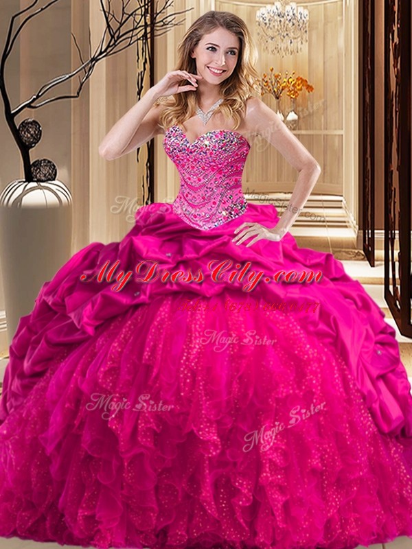 Taffeta and Tulle Sweetheart Sleeveless Brush Train Lace Up Beading and Ruffles Ball Gown Prom Dress in Hot Pink