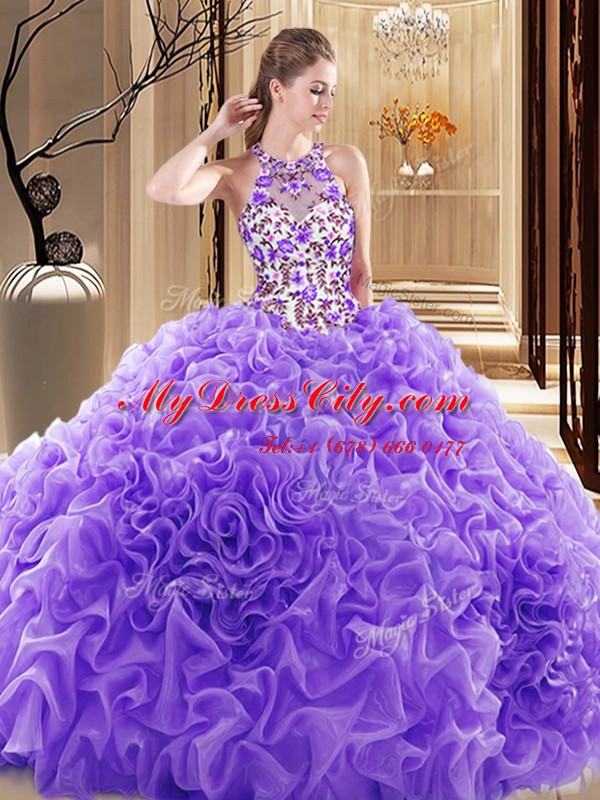 Lavender Backless High-neck Embroidery and Ruffles Quince Ball Gowns Organza Sleeveless Brush Train