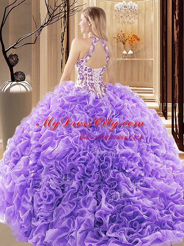 Lavender Backless High-neck Embroidery and Ruffles Quince Ball Gowns Organza Sleeveless Brush Train