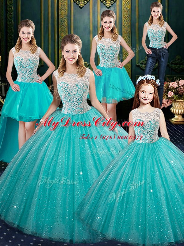 High-neck Sleeveless Sweet 16 Dresses Floor Length Lace Aqua Blue Tulle