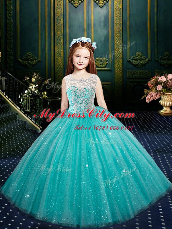 High-neck Sleeveless Sweet 16 Dresses Floor Length Lace Aqua Blue Tulle