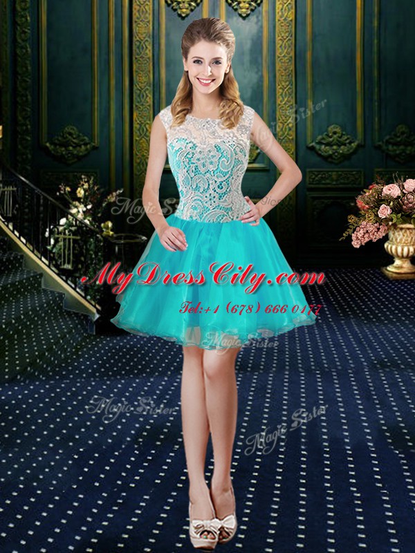 High-neck Sleeveless Sweet 16 Dresses Floor Length Lace Aqua Blue Tulle